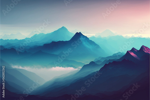 Foggy Mountain Landscape, Dusk, Sunset, blue Generative AI