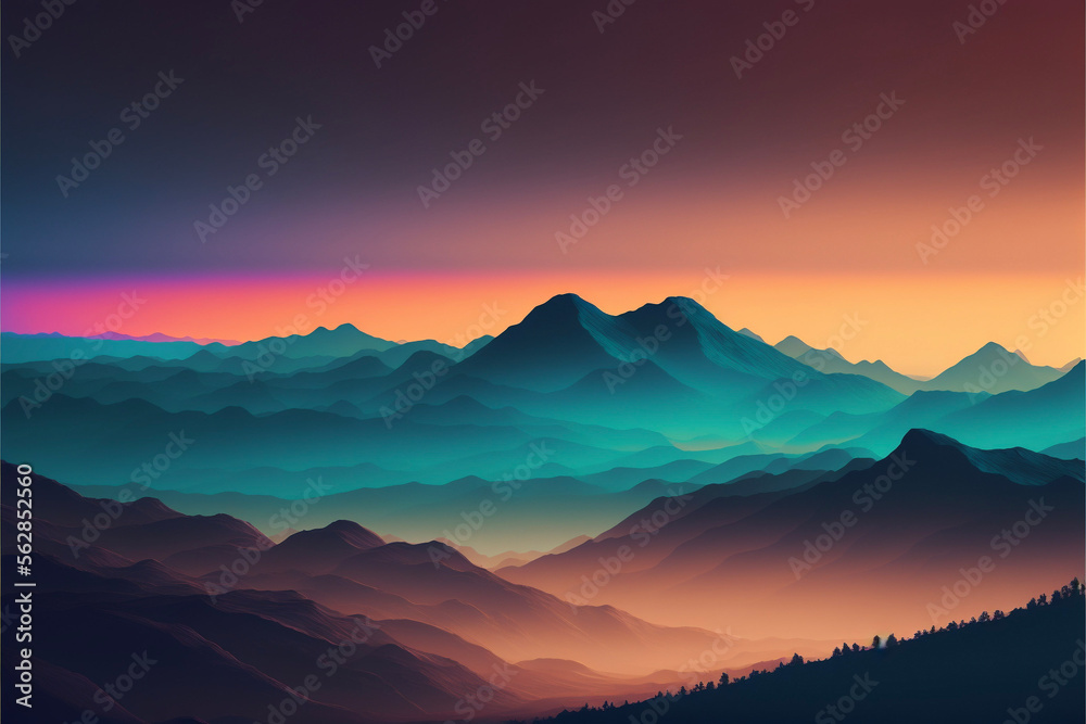 Foggy Mountain Landscape, Dusk, Sunset Generative AI