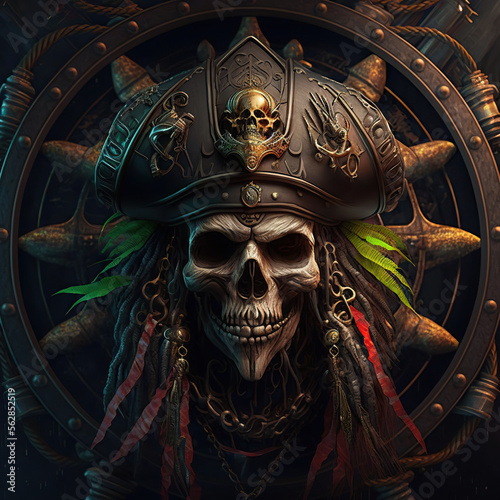 skull of a scary pirate with black hat well detailed