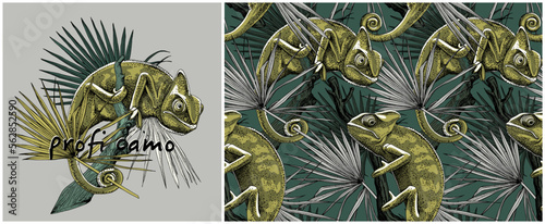 Set of print and camouflage seamless wallpaper pattern. Chameleon on the branch and exotic palm leaves. Textile composition, hand drawn style print. Vector illustration.