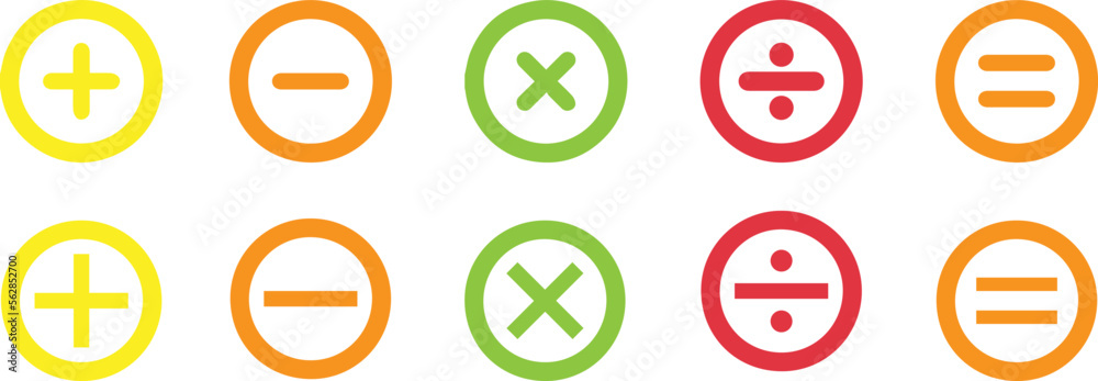 Basic mathematical symbol. Plus and minus icon set. Math symbol. Multiply icon. Equals symbol, division symbol, Calculator button, business finance concept in vector. Basic mathematical symbol. Plus and minus icon set. Math symbol. Multiply icon. Equals symbol, division symbol, Calculator button, business finance concept in vector.