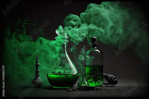 Green Potions in a Chemistry Lab with Green Smoke Generative AI