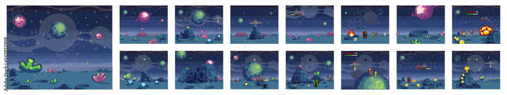 Naklejka premium Pixel art cosmic area, game location. Scene with fantastic planets in outer space. Futuristic spaceships during war in space. Pixel retro program about space interface. Pixelated videogame design