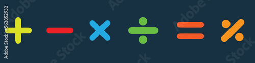 Basic mathematical symbol. Plus and minus icon set. Math symbol. Multiply icon. Equals symbol, division symbol, Calculator button, business finance concept in vector.