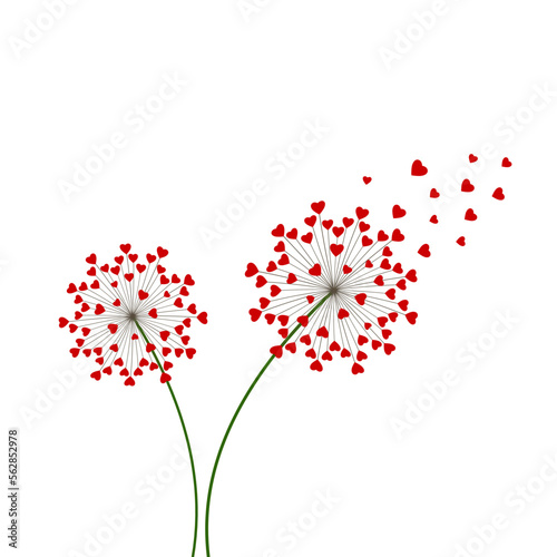 Dandelion with hearts. Happy Valentine's day greeting card. Lovely romance flower. Congratulation with Love. Valentine's day Vector illustration background with is 'Love You More' letter.