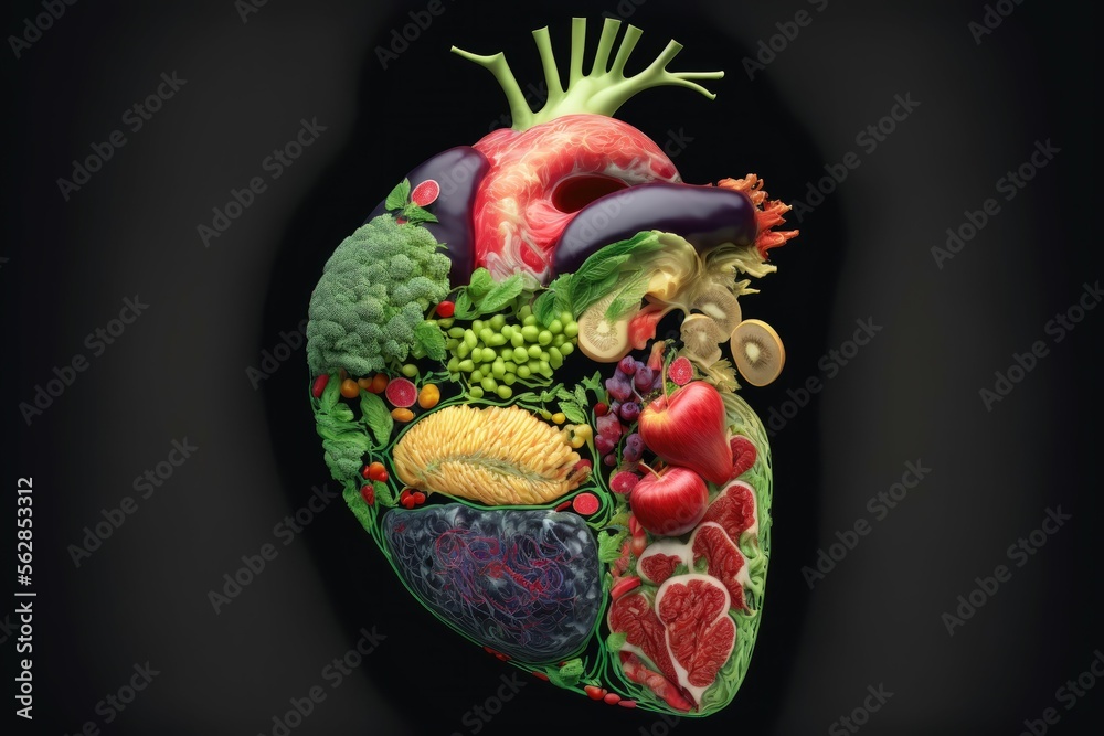 Fototapeta premium Human heart made with healthy food. Generative AI
