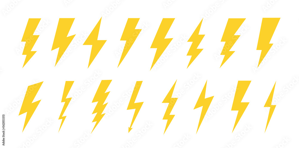 Yellow lightning bolt icons isolated on white background. Flash symbol ...