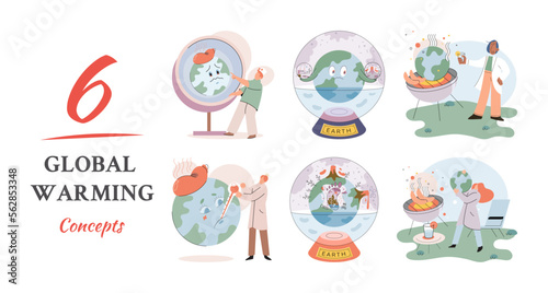 Global warming. High temperature and hot weather Earth. Climate change concept. Hot melt planet earth. Global warming heating impact. Tiny people. Raising global temperature. People energy use planet