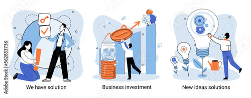 We have solution metaphor, business investment, new ideas solution scenes set. Teamwork and brainstorming. Team and new startup. Leadership and financial activities. Concept joint search for new ideas