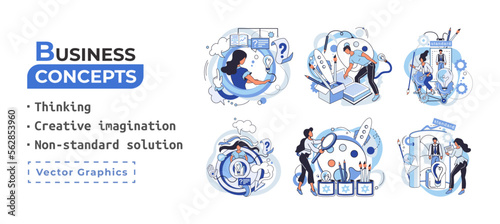 Creative thinking. People with different mental mindset types or model creative. Imaginative logical and structural thinking. MBTI person metaphor. Non standart solution. Brain think people solve idea