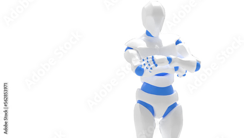 Detailed appearance of the white-blue AI robot under white background. Concept 3D CG of automatic operation  optimization and block chain. PNG file format. 