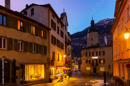 Fototapeta Evening landscape of Christmas city streets in Brig, Switzerland