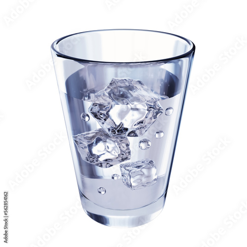Glass of water with ice cubes and bubbles single isolated object 3d rendered illustration. Healthy drink. Fresh beverage