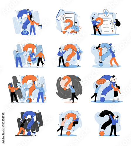 Question mark, obtaining information of interest. Problem and solution concept metaphor. FAQ help. Decision of information task, ask questions and receive answers, paint ladge sign decision of doubts