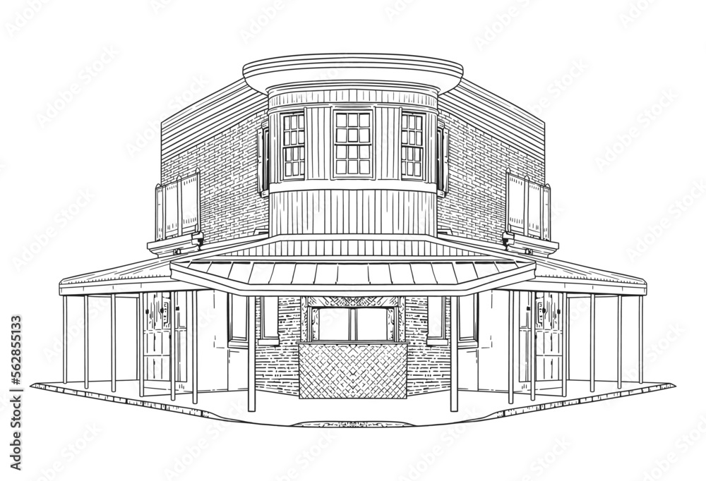 City store frontal view. Vector line art illustration