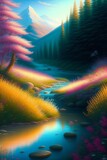 A river flowing through a flower meadow, blossom trees, created with Generative AI technology
