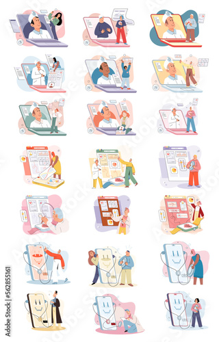 Online medical consultation and support metaphor. Online doctor. Healthcare services, Ask doctor. Tele medicine e-health service. Therapist videocalling phone screen. Diagnosis treatment of patients