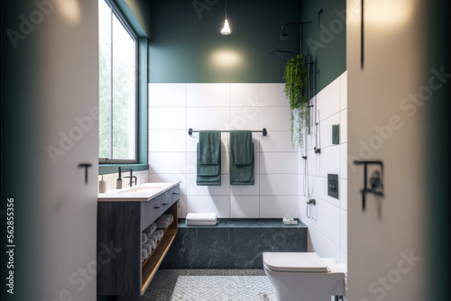 Modern bathroom interior design  Luxury yet minimalist clean  bright and hygienic spacious bathroom with shower  toilets  mirrors  bathtub and natural green plant in a hotel  apartment  or house.