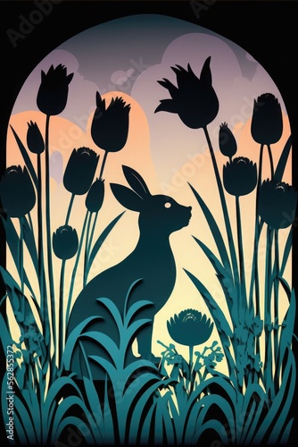 Easter bunny with Spring flowers  1920s Art Deco poster with silhouette of rabbit  tulips and grass. Generative AI.
