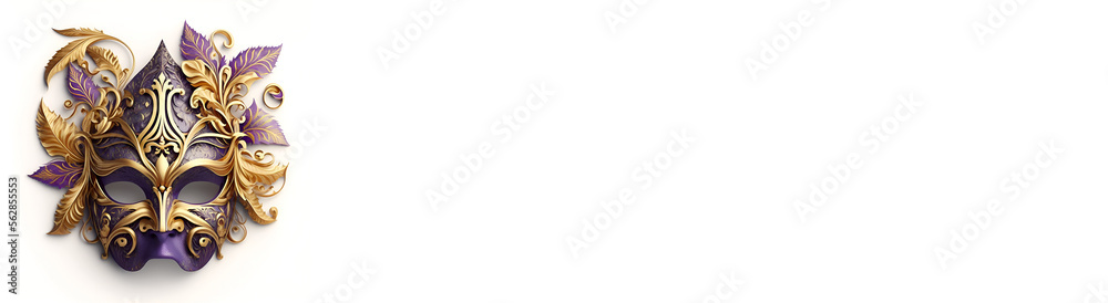 Realistic luxury carnival mask for Mardi Gras isolated on white background, panoramic banner with text space, copy-space. Generative AI, AI generated illustration. Realistic luxury carnival mask for Mardi Gras isolated on white background, panoramic banner with text space, copy-space. Generative AI, AI generated illustration.