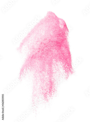 Small size pink Sand flying explosion, sweet sands grain wave explode. Abstract cloud fly. Pink colored sand splash throwing in Air. White background Isolated high speed shutter, throwing freeze stop photo