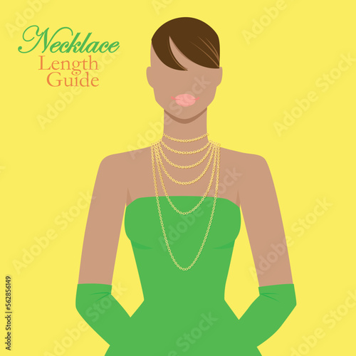 Necklace length guidance vector illustration, beautiful black woman in golden chains accesory in party dress chat design