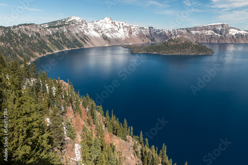 partly snowy landscape of the Crater Lake National Park, Oregon, USA