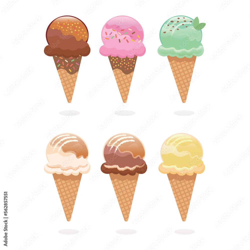 Ice cream in a waffle cone. Ice cream in chocolate, strawberry, mint chocolate, caramel, vanilla flavors, sweet ice cream for summer. Vector illustration.