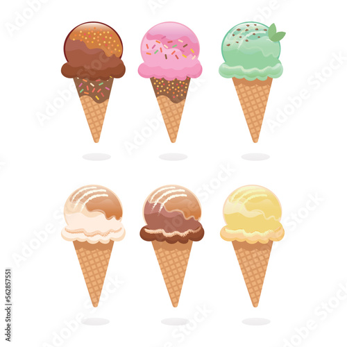 Ice cream in a waffle cone. Ice cream in chocolate, strawberry, mint chocolate, caramel, vanilla flavors, sweet ice cream for summer. Vector illustration.