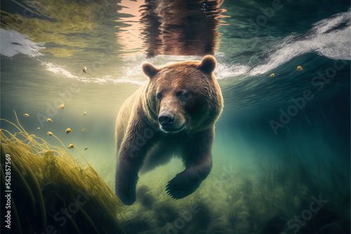 a big brown bear in its habitat. Underwater.