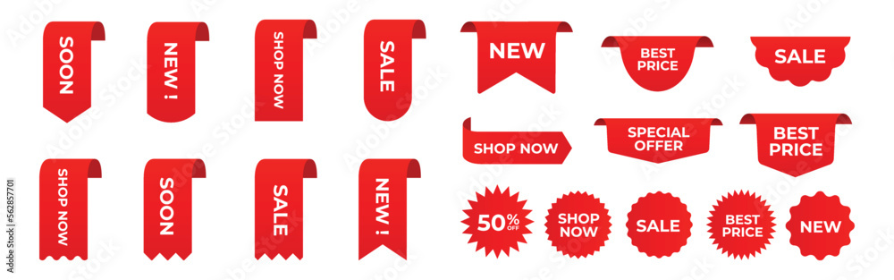 Set of vector red starburst, sunburst badges. Simple flat style vintage labels, stickers with sale discount text. Sale quality tags and labels. Template banner shopping badges.