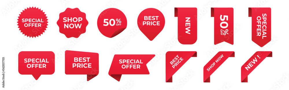 Set of vector red starburst, sunburst badges. Simple flat style vintage labels, stickers with sale discount text. Sale quality tags and labels. Template banner shopping badges.