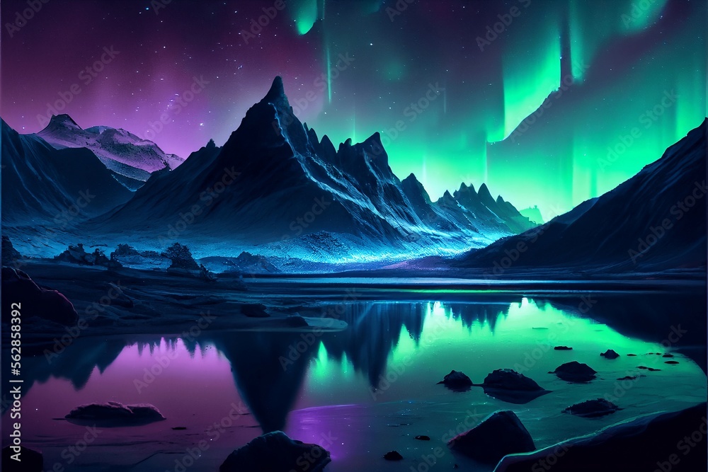 A magical landscape at night with green purple and blue auroras created with Generative AI