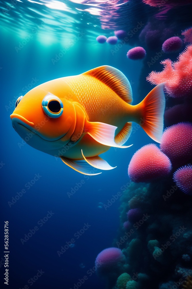 Fototapeta premium Cute gold fish with big eyes surrounded by underwater creatures, created with Generative AI technology