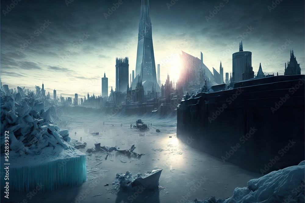 Fototapeta premium Frozen and Abandoned City Full Covered With Ice and snow, in a very dramatic way, Generative AI