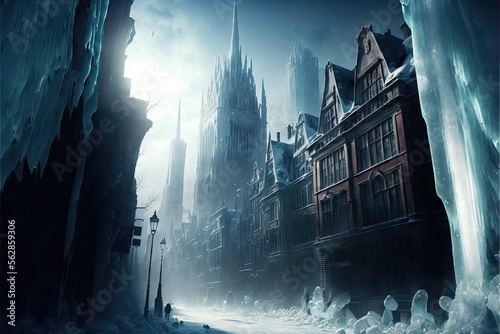 Frozen and Abandoned City Full Covered With Ice and snow, in a very dramatic way, Generative AI