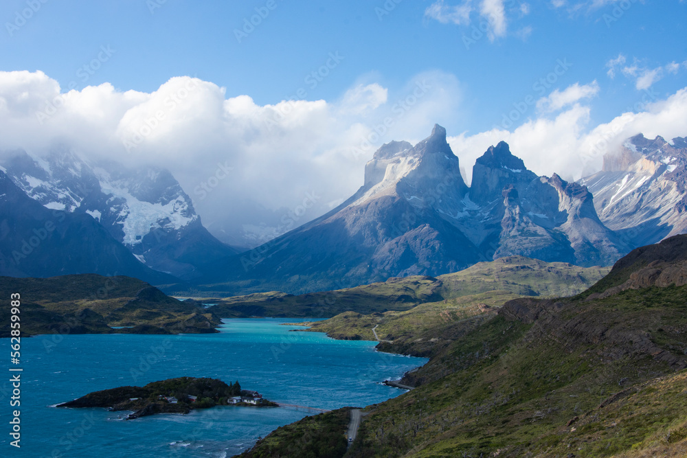 paisagem, natureza, lago, céu, viagem, verão, perspectiva, turismo, férias, montanha, torres del paine, azul, hotel, chile, patagônia