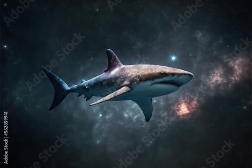 Celestial Shark Diving In the Sky, Between The Stars, and Galaxies, and Nebulas, And Constellations, This Shark Moves on Waters from Above, Generative AI