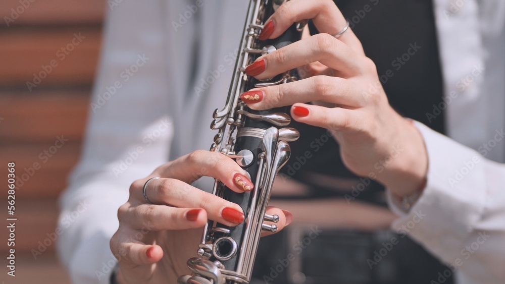 Fototapeta premium A girl plays the clarinet in the park in the summer.