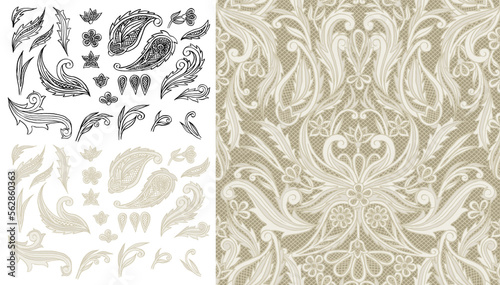 SET OF HAND DRAWN HENNA PAISLEY LACE WITH SEAMLESS PATTERN SWATCHES