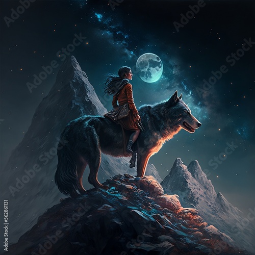 a woman on a wolf, in the night with a sky full of stars - AI generated © Chakir