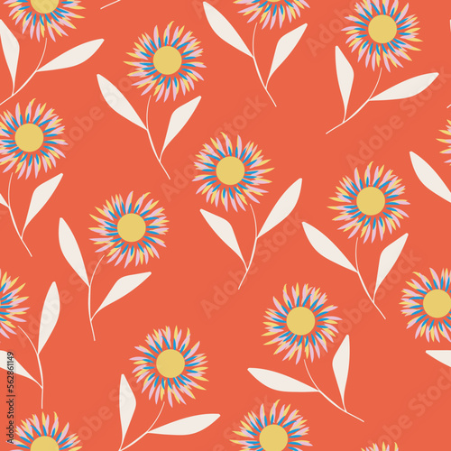 Red with yellow daisy type flowers and long white stems seamless pattern background design.