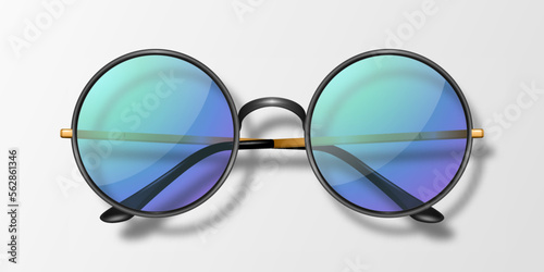 Vector 3d Realistic Round Frame Glasses Icon Isolated. Black Frame. Transparent Purple Sunglasses for Women and Men, Accessory. Optics, Lens, Vintage, Trendy Glasses. Top View