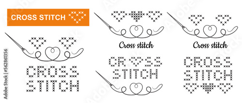 Cross stitch embroidery handmade needlework, sewing needle with floss thread line icon set. Cotton yarn for sew hobby. Fancywork accessory. Embroider text, heart ornament. Creative handicraft. Vector