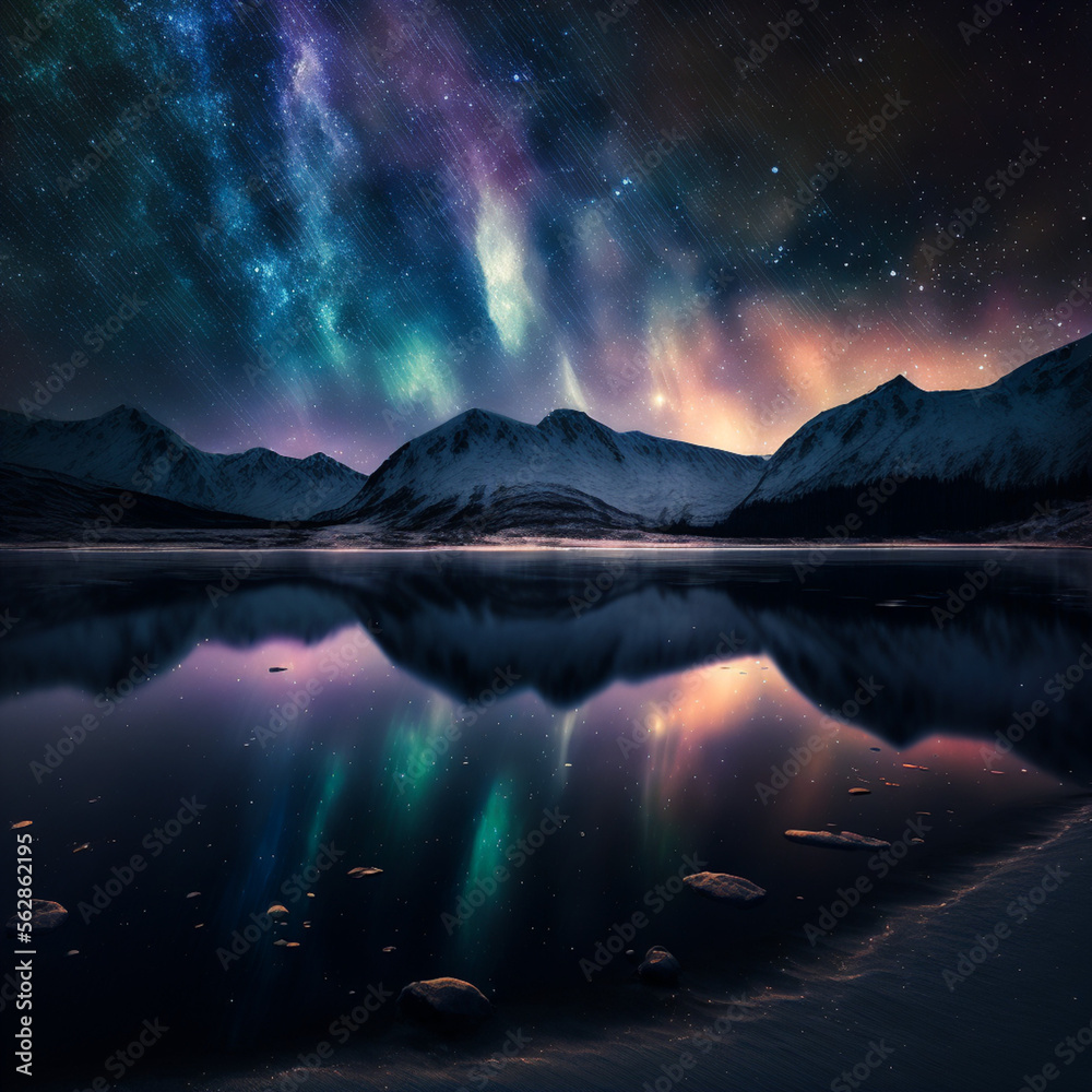A beautiful mountain landscape with an aurora borealis phenomenon