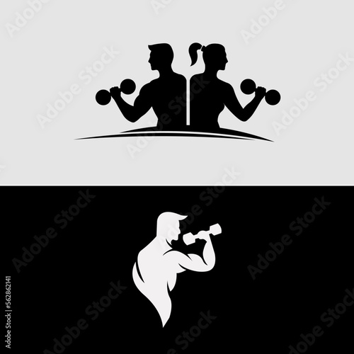 collection set of Logo gym, Fitness club logo, Muscular fitness couple girl and man with dumbbells, vector, logo, cartoon, mascot, character, couple fitness logo icon vector template