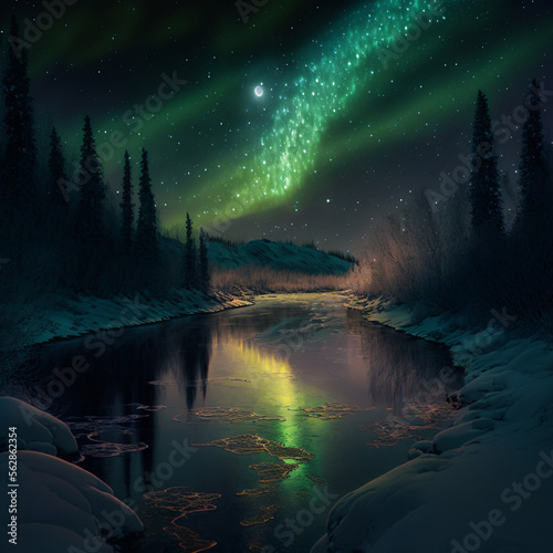 Beautiful night landscape with northern lights with the presence of forest in the middle of a lake