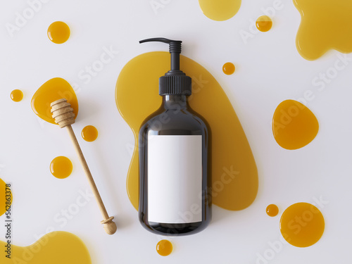 Big dark plastic bottle for shampoo, shower gel or liquid soap with honey flavor.  Honey stick, mockup of honey cosmetic gel isolated on background of puddles of honey. 3d render illustration template photo