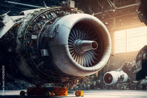 Aircraft jet engine on repair and maintenance. Industrial motor of airplane, sunlight. Generation AI