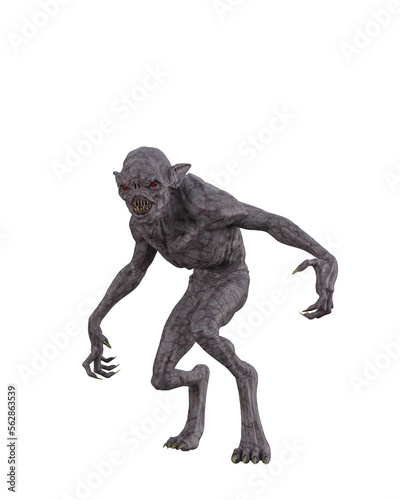 Fantasy scary monster demon creature with grey skin, long sharp nails and fangs. 3D rendering isolated.